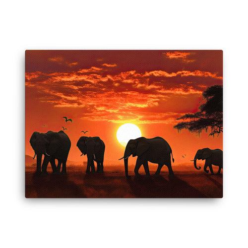 Nature shamanic sunrise majesties elephant art: graceful morning embrace canvas wall art in living room mockup
