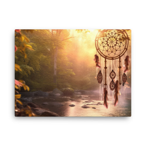 Yoga zen sunrise dreamcatcher art: chasing dawn's whispers canvas wall art in living room mockup