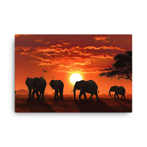 Nature shamanic sunrise majesties elephant art: graceful morning embrace canvas wall art print