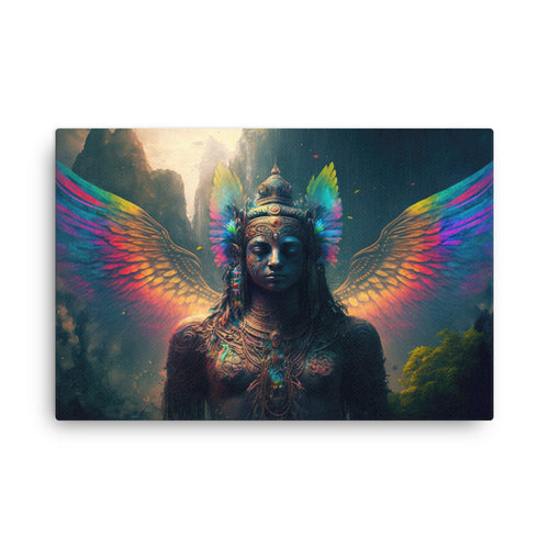 buddha meditation Winged Shaman canvas wall art in living room mockup
