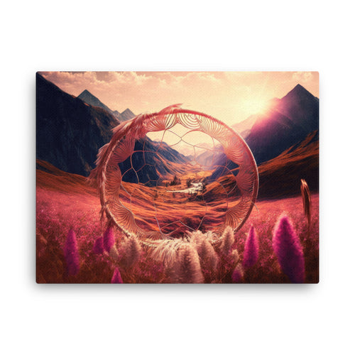 Yoga zen woven dreams intricate dreamcatcher detail canvas wall art in living room mockup