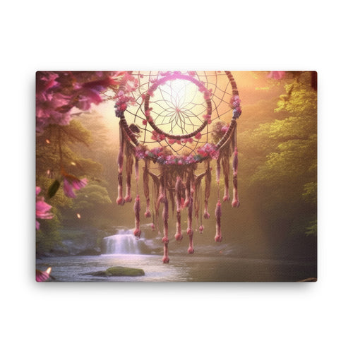Yoga zen woven dreams intricate dreamcatcher canvas wall art in living room mockup