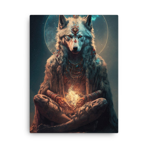 Chakra energy spirit wolf guardians art: shamanic realm journey canvas wall art in living room mockup