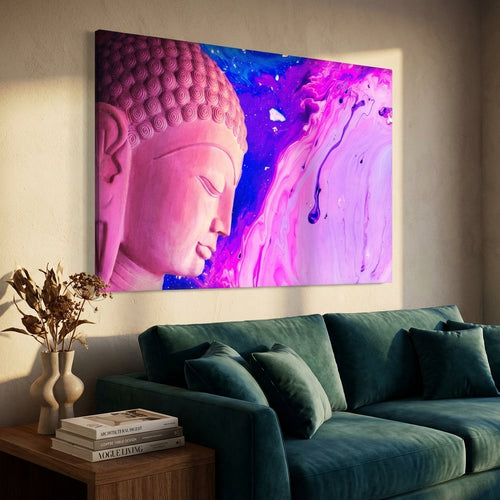 Buddha & Meditation - Face Creative Flow | Blue & Pink (24x36) Wall Art (Canvas Print) - living-room view