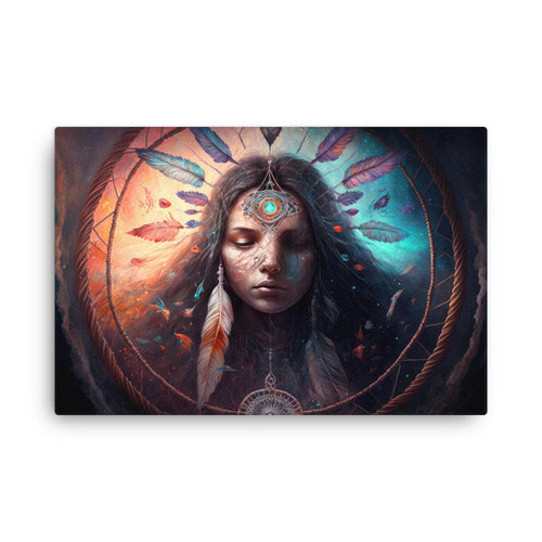 buddha meditation Yoga & Zen - Meditating Shaman : Bridging Worlds Wall Art ( canvas wall art in living room mockup