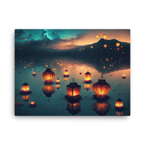 Spiritual illuminated skies floating canvas wall art in living room mockup