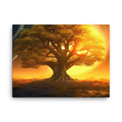 Nature shamanic majestic yellow tree canvas wall art in living room mockup