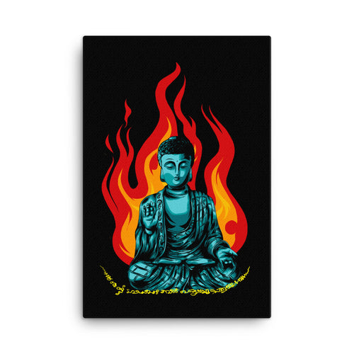 buddha meditation Spiritual Flaming Buddha canvas wall art in living room mockup
