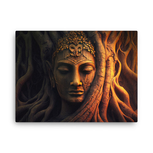 Chakra energy buddha in tree canvas wall art in living room mockup
