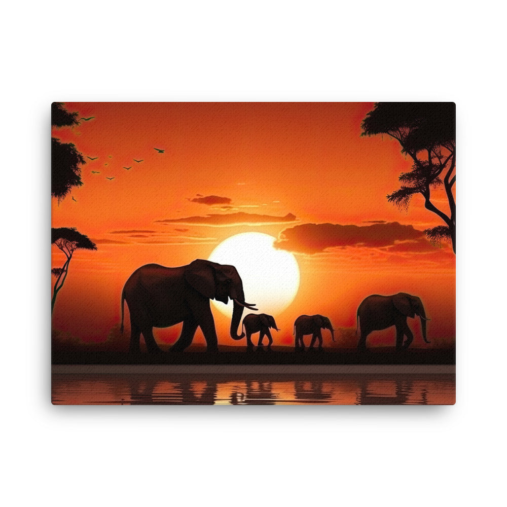 Yoga zen gentle giants at dawn art: magnificent sunrise elephants canvas wall art in living room mockup
