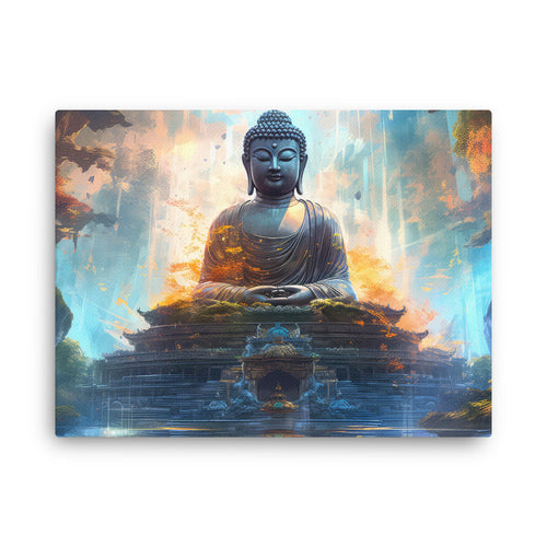Yoga zen ancient buddha wisdom canvas wall art in living room mockup