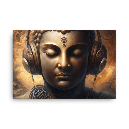 buddha meditation Yoga & Zen - Buddha With Headset canvas wall art in living room mockup