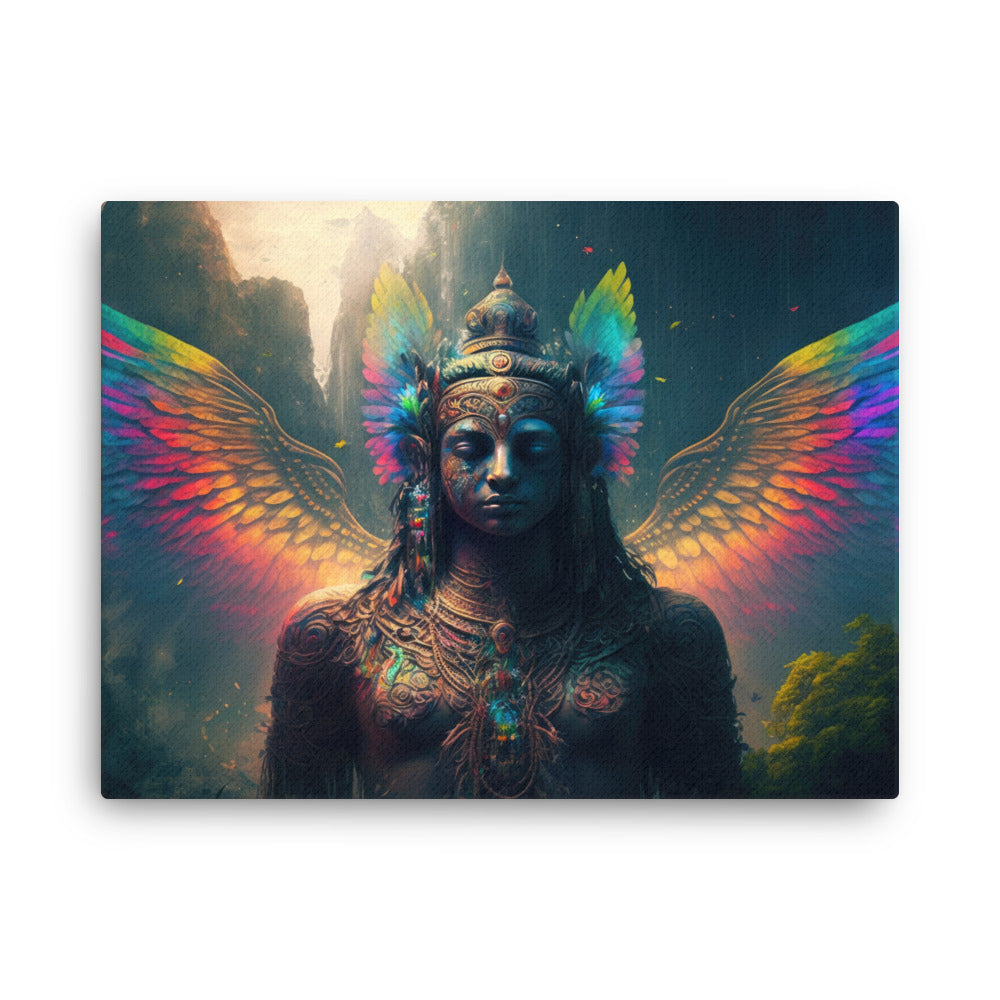 buddha meditation Winged Shaman canvas wall art in bedroom mockup