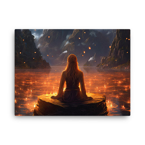 Chakra energy meditating in stillness : finding peace within canvas wall art in living room mockup