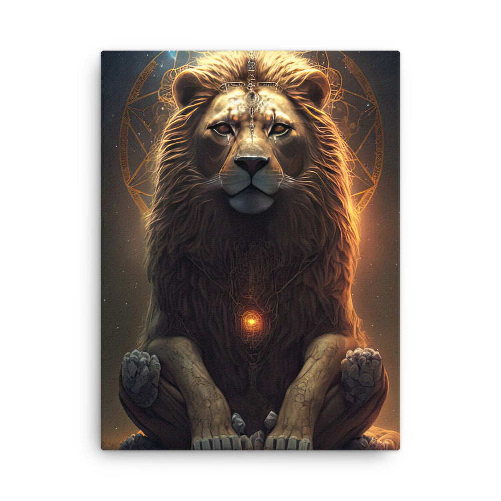 buddha meditation Roaring Majesty Spiritual Lion canvas wall art in bedroom mockup