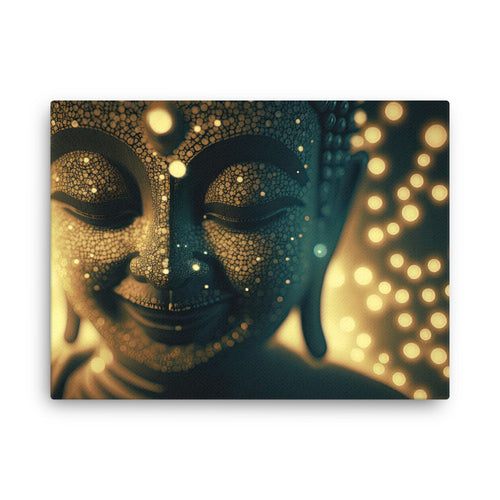 buddha meditation Radiant Buddha canvas wall art in bedroom mockup