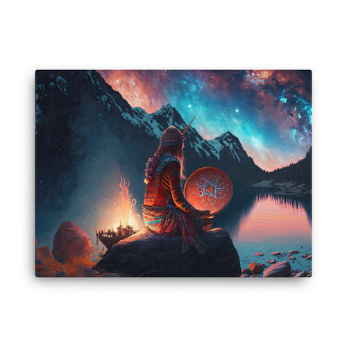 Chakra energy meditating shaman art: channeling inner spirit power canvas wall art in living room mockup