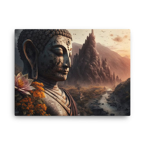 buddha meditation The Enlightened One Buddha canvas wall art in bedroom mockup