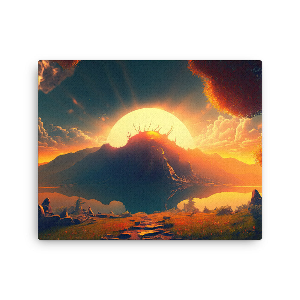 buddha meditation Spiritual Art - Sunrise Serenity Art: Embracing Dawn's Possibilities Wall Art ( canvas wall art in meditation space mockup