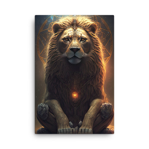 buddha meditation Roaring Majesty Spiritual Lion canvas wall art in living room mockup