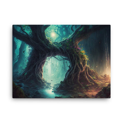 Nature shamanic enchanted forest sunlight canvas wall art in living room mockup