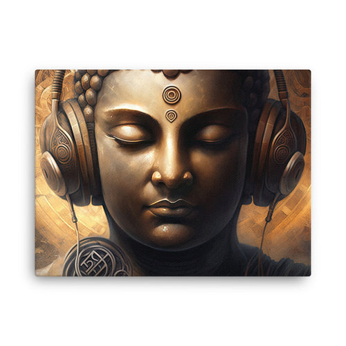 buddha meditation Yoga & Zen - Buddha With Headset canvas wall art in bedroom mockup