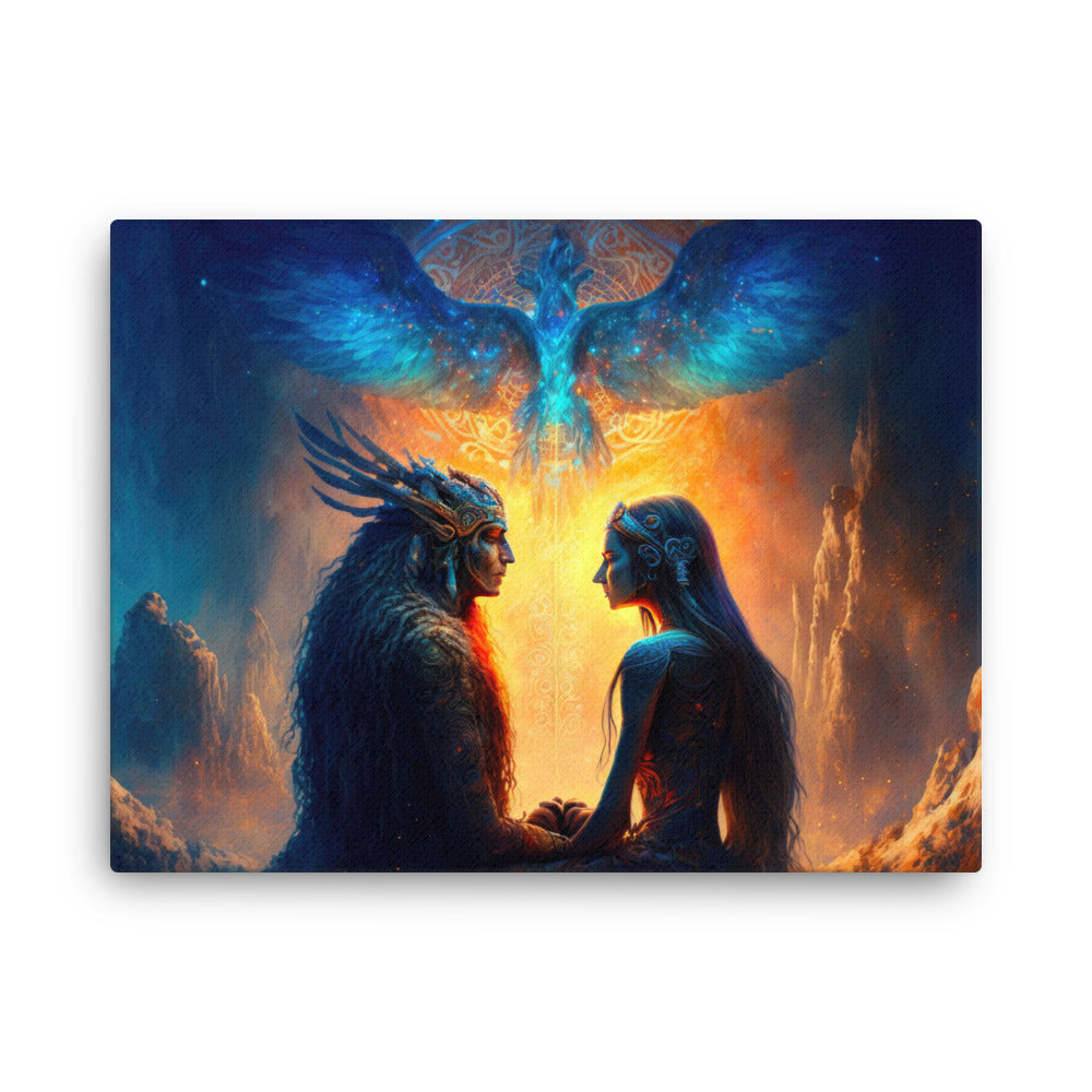 buddha meditation Shamanic Love Unveiled canvas wall art in bedroom mockup