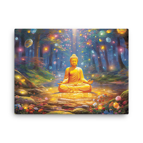 buddha meditation Yellow Buddha canvas wall art in bedroom mockup