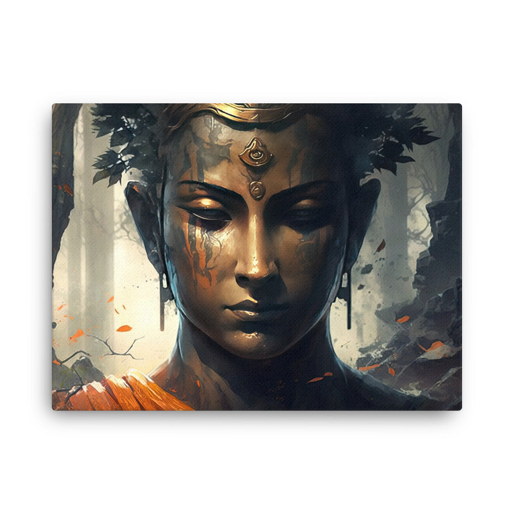 Yoga zen enlightened wisdom buddha canvas wall art in living room mockup