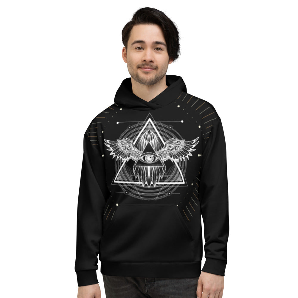 sacred geometry Geometry White Print Black Hoodie canvas wall art in living room mockup