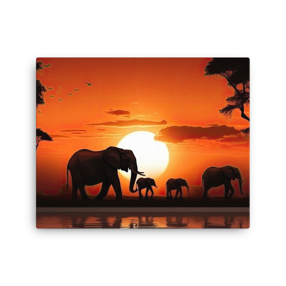 Yoga zen gentle giants at dawn art: magnificent sunrise elephants canvas print texture detail close-up