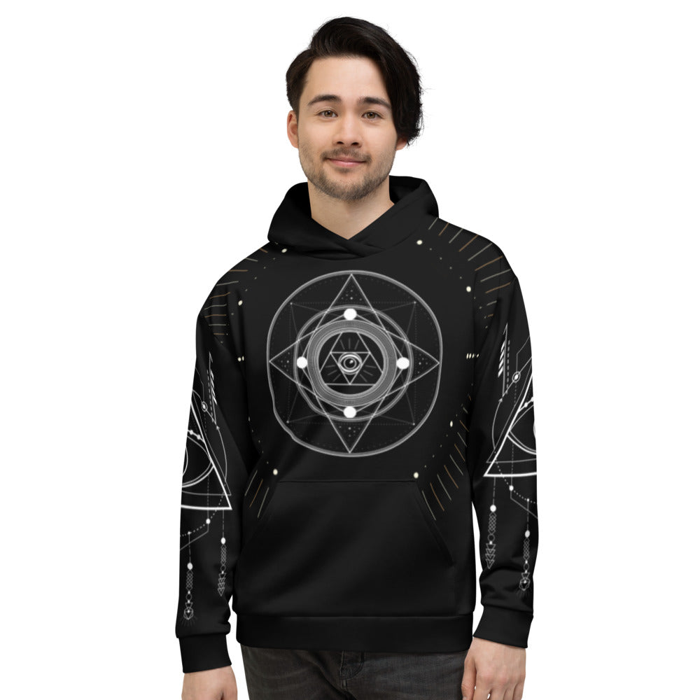 sacred geometry White Geometric Print Hoodie canvas wall art in living room mockup