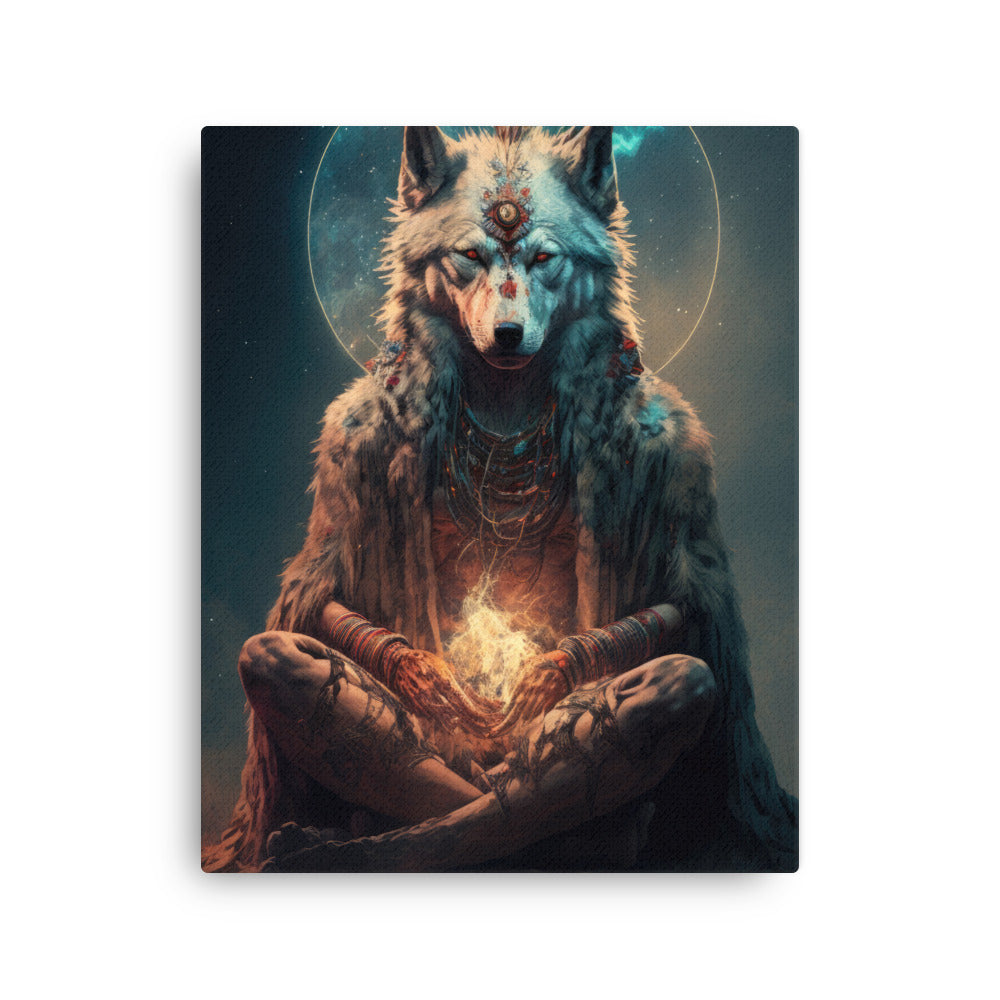 Chakra energy spirit wolf guardians art: shamanic realm journey canvas print texture detail close-up